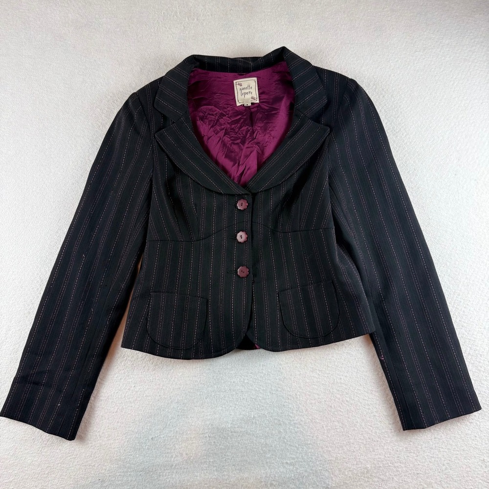 Nanette Lepore Black Pink Pinstripe Blazer Jacket Peplum Back Size 8